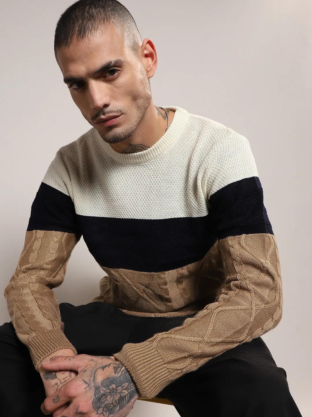 contrast panel cable knit sweater