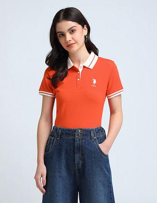 contrast striped collar solid polo shirt