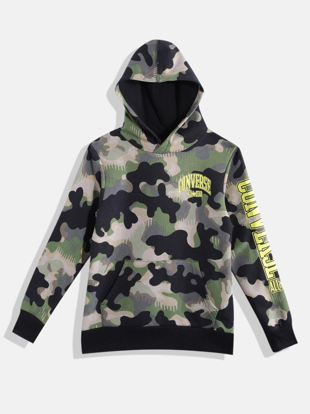 converse boys black & green printed hooded sweatshirt