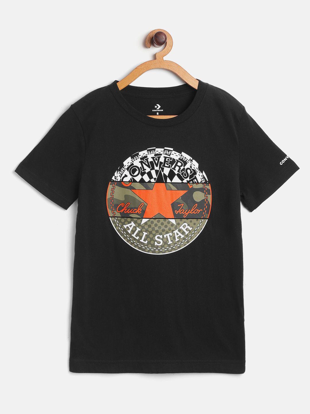 converse boys black & orange pure cotton brand logo print t-shirt