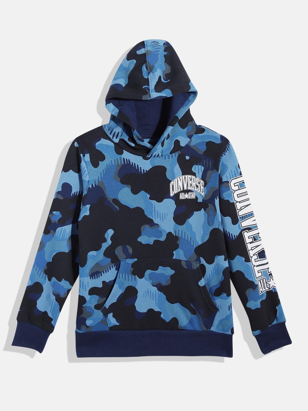 converse boys blue & black printed hooded sweatshirt