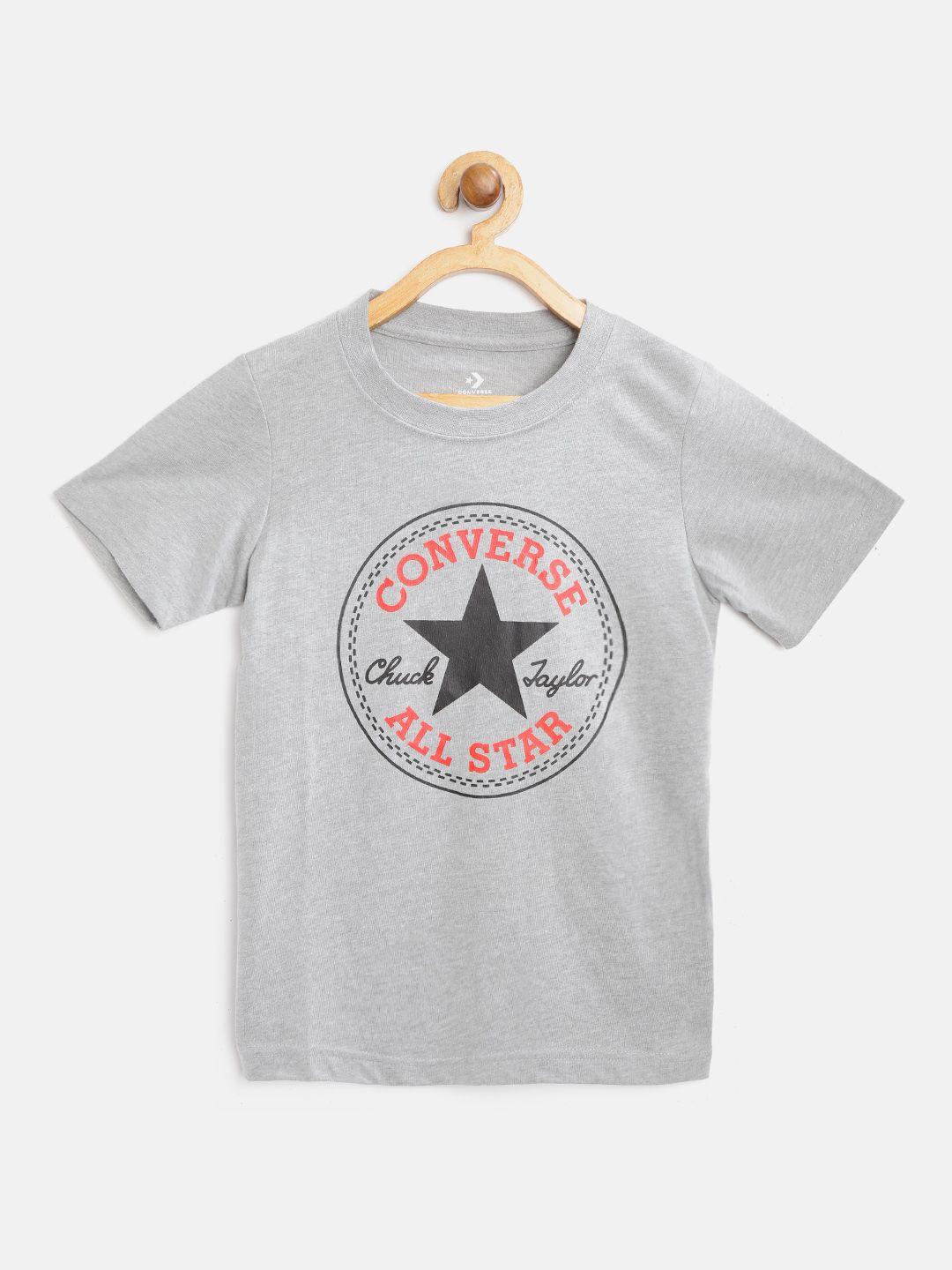 converse boys grey melange & black brand logo print pure cotton round neck t-shirt