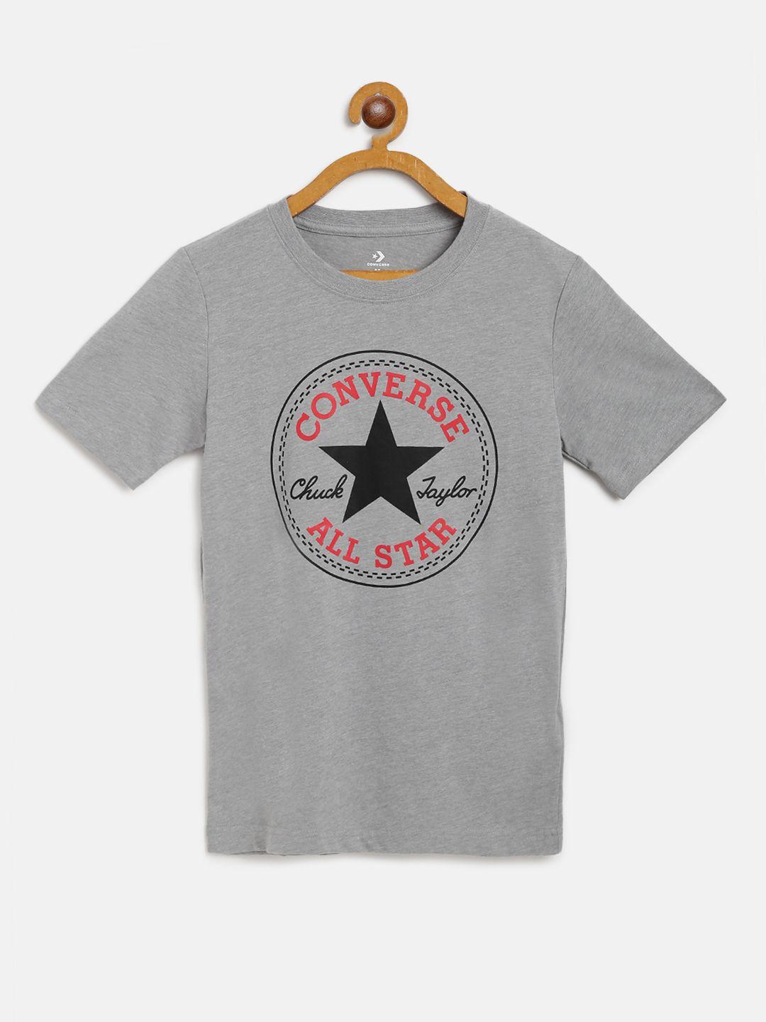 converse boys grey melange & black brand logo print round neck t-shirt