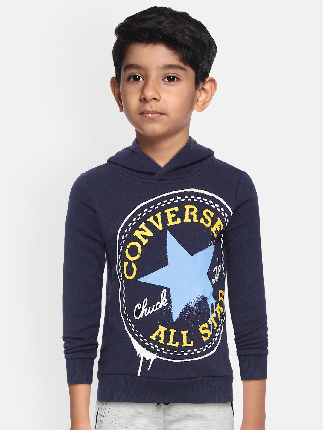 converse boys navy blue & mustard yellow brand logo print hooded sweatshirt