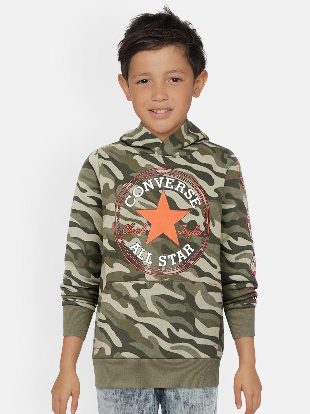 converse boys olive green & orange camouflage print hooded sweatshirt