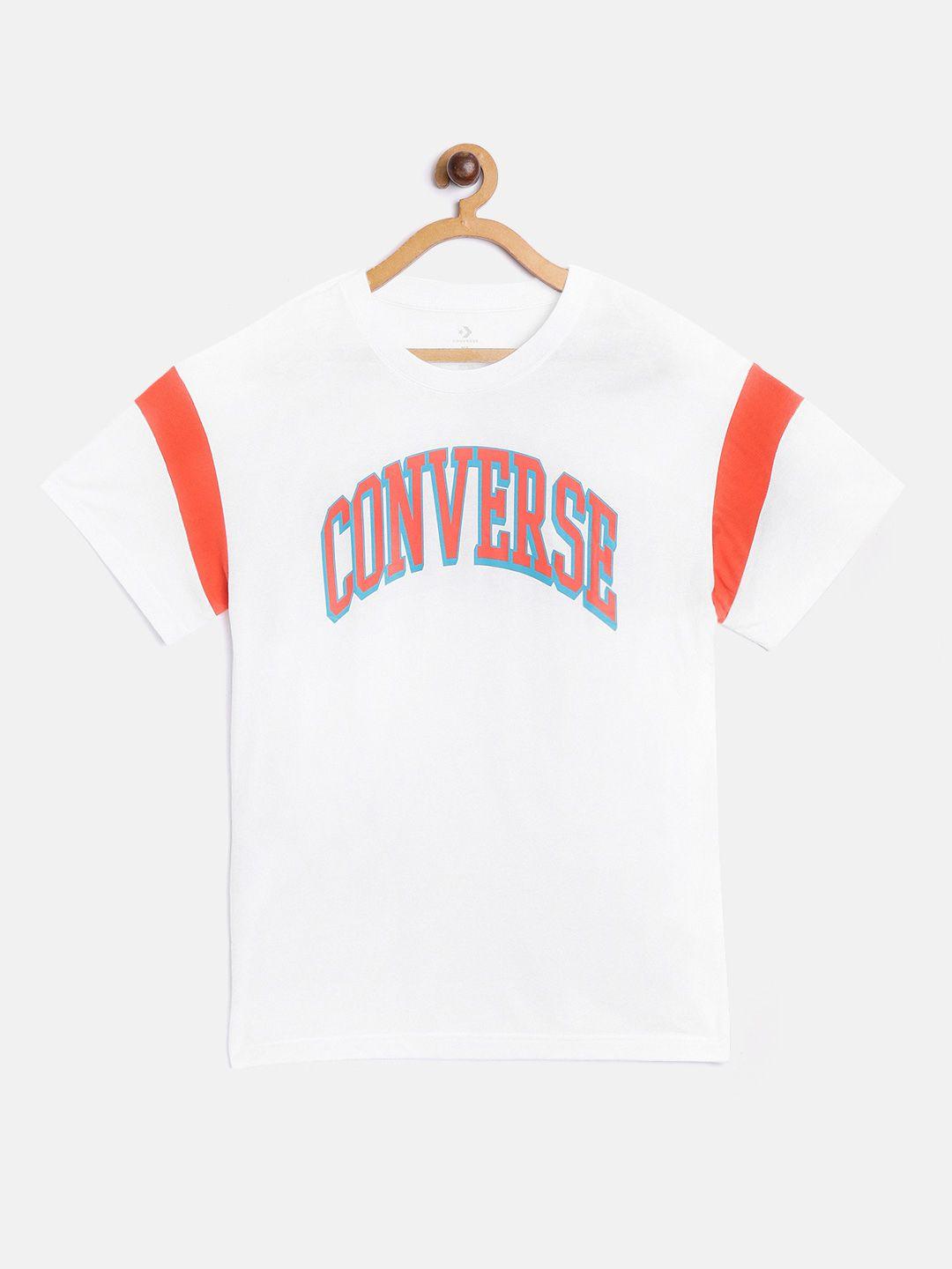 converse boys white  orange pure cotton brand name printed round neck pure cotton t-shirt
