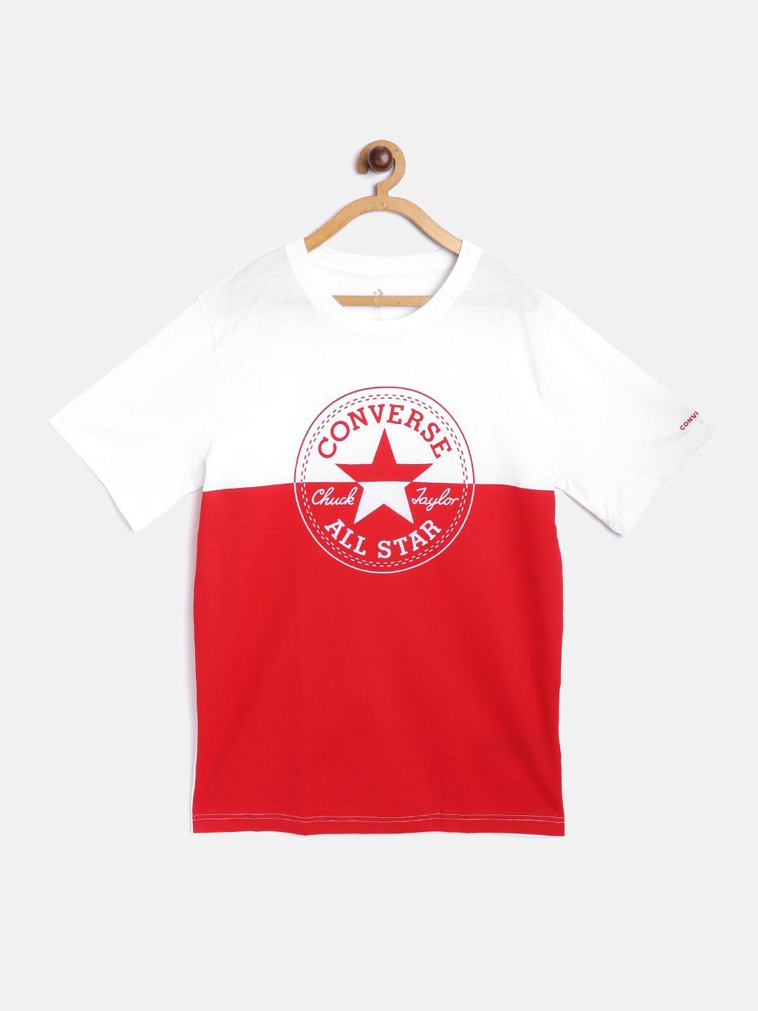 converse boys white & red pure cotton colourblocked & brand logo print round neck t-shirt