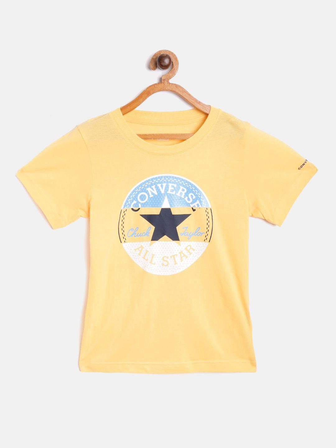 converse boys yellow pure cotton brand logo print round neck t-shirt