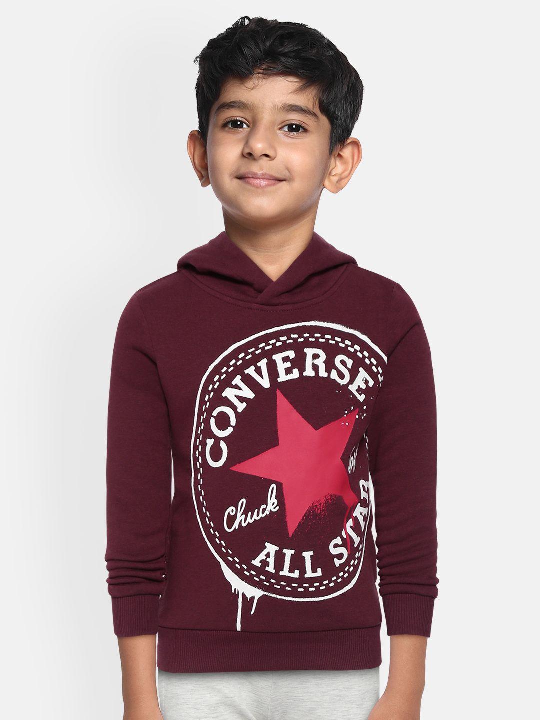 converse boys burgundy & white brand logo print hooded sweatshirt