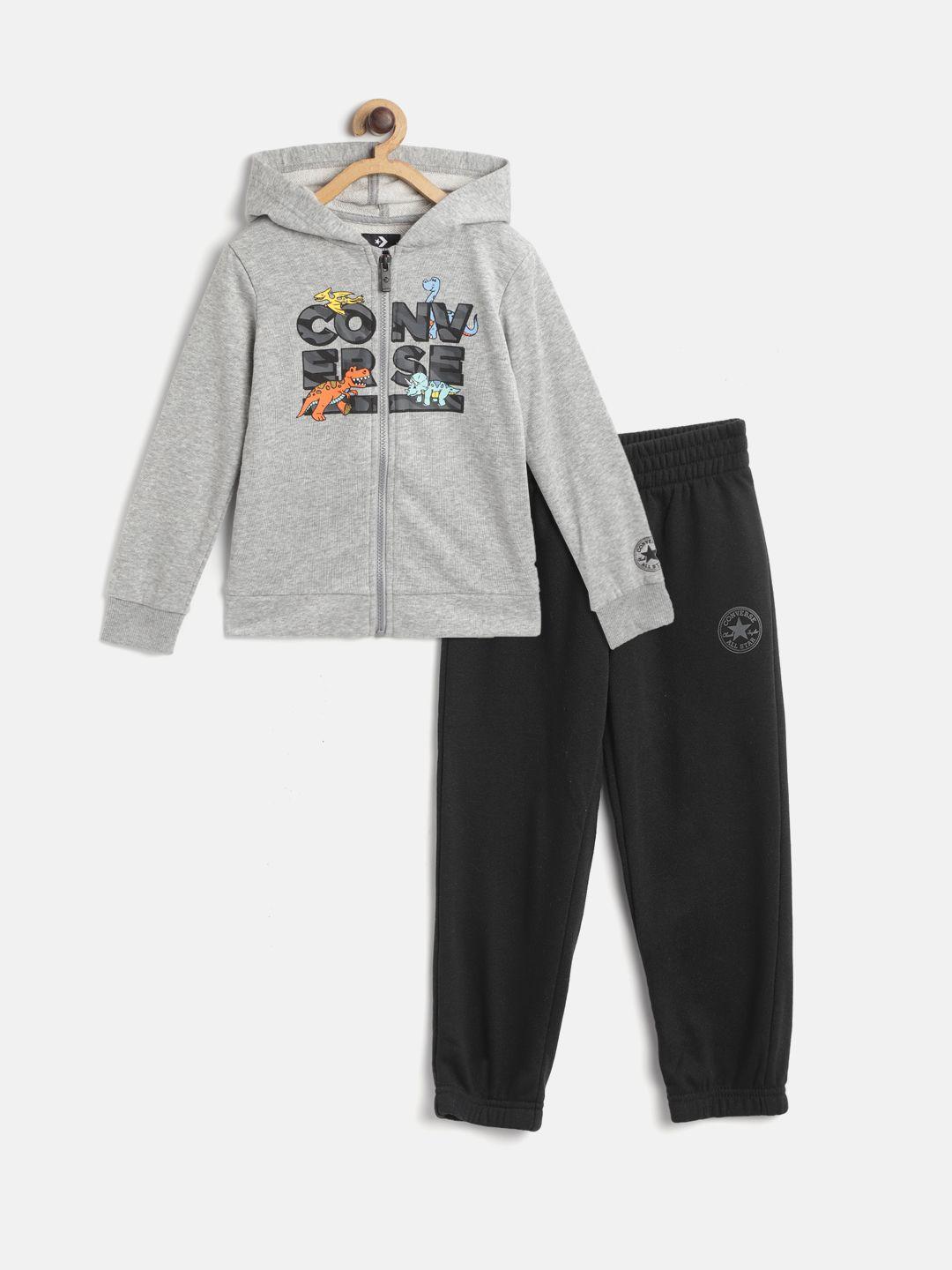 converse boys grey melange & black printed sweatshirt with joggers