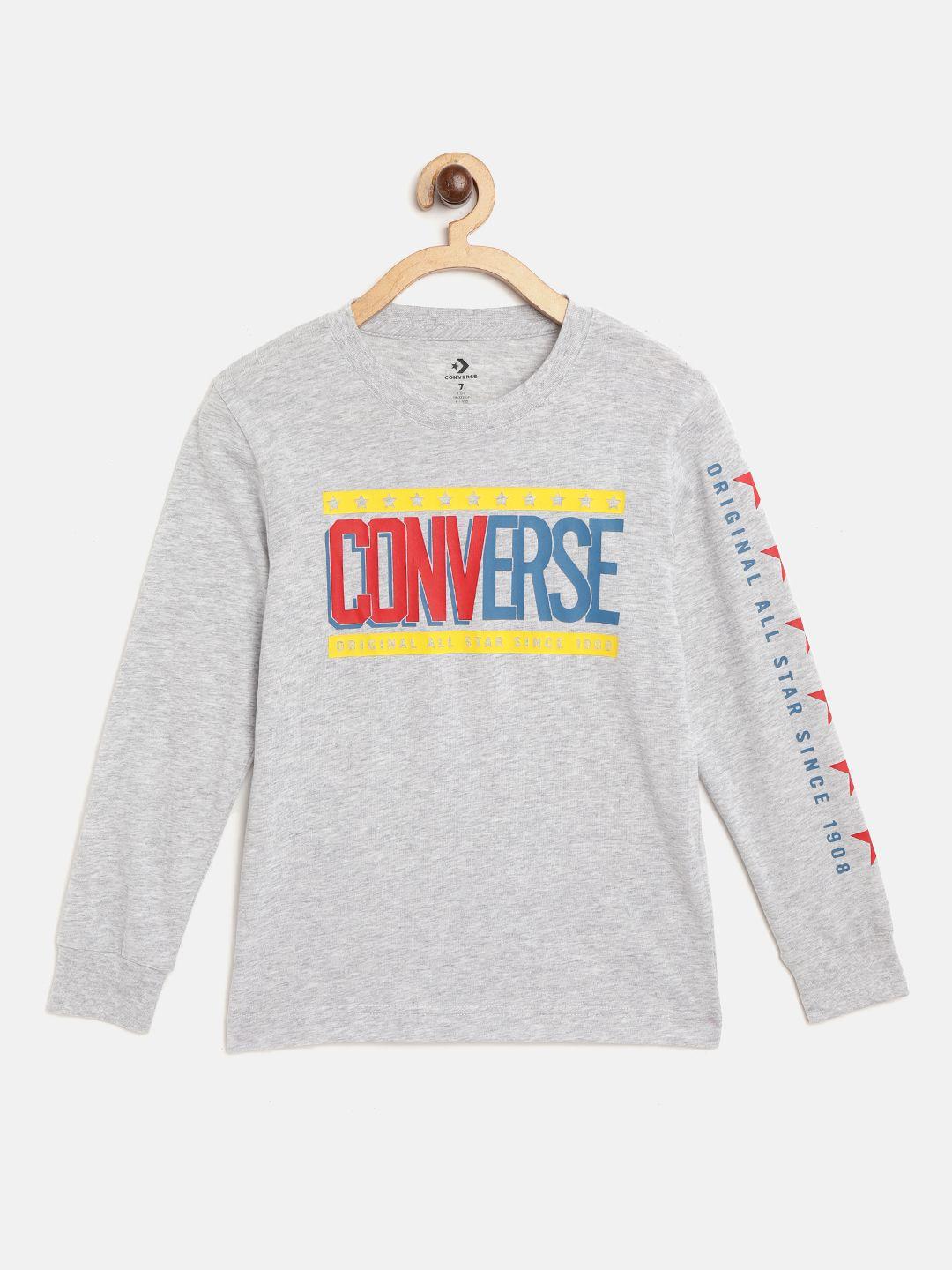 converse boys grey melange & red brand logo print round neck t-shirt