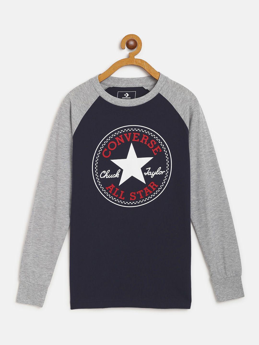 converse boys navy blue & grey melange brand logo print round neck t-shirt