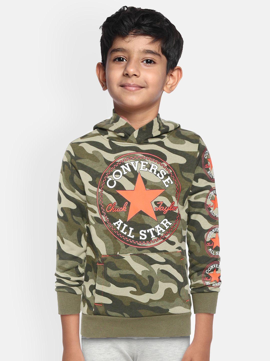 converse boys olive green & orange camouflage print hooded sweatshirt