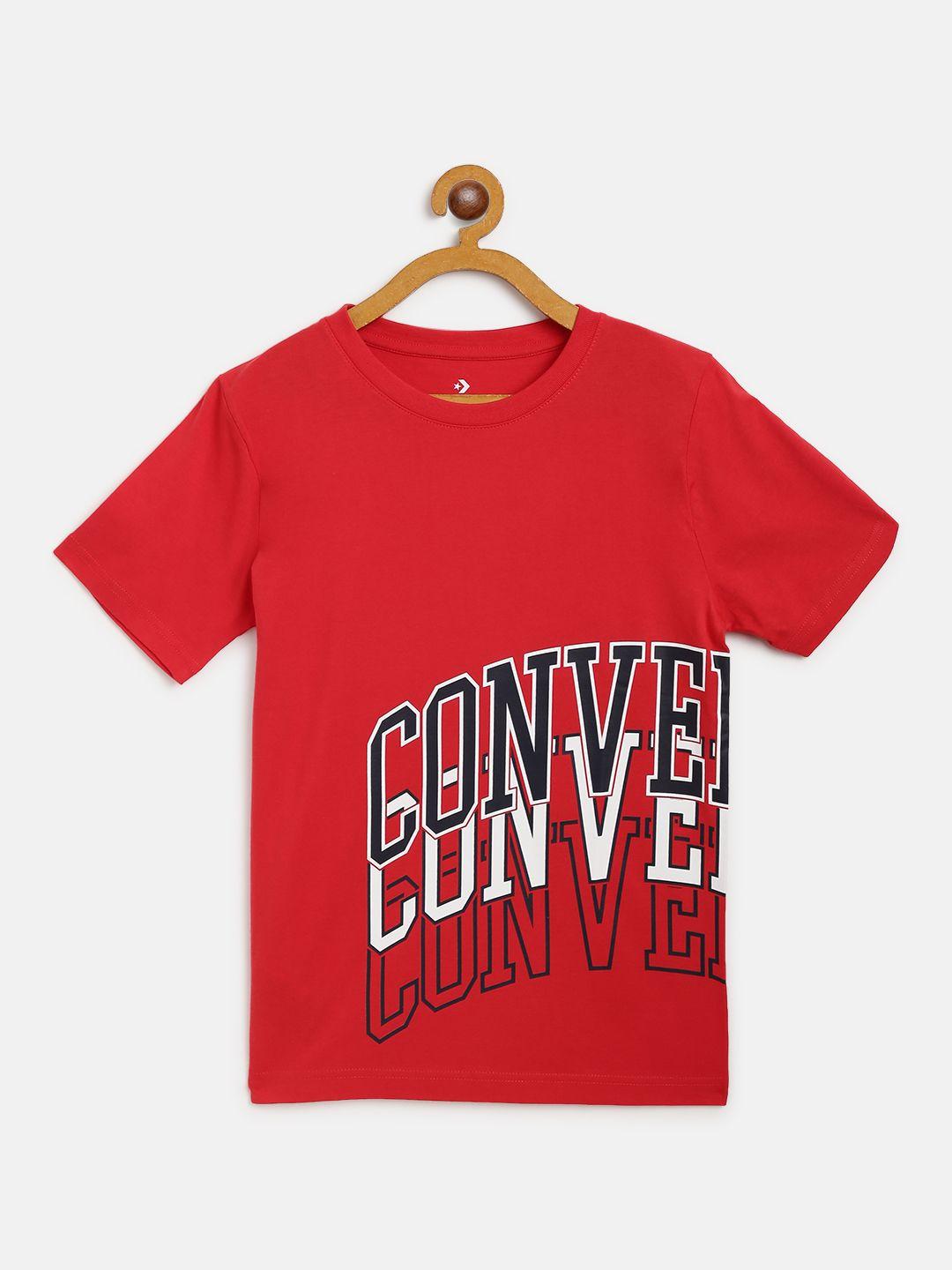 converse boys red & navy brand logo print round neck t-shirt