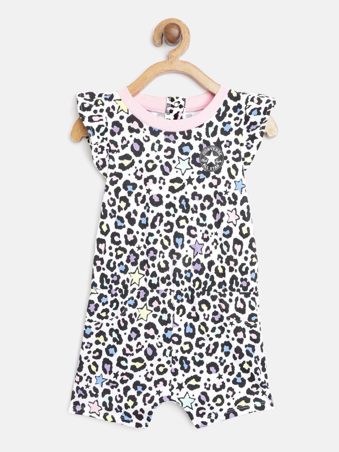 converse infant girls white & black pure cotton leopard print rompers