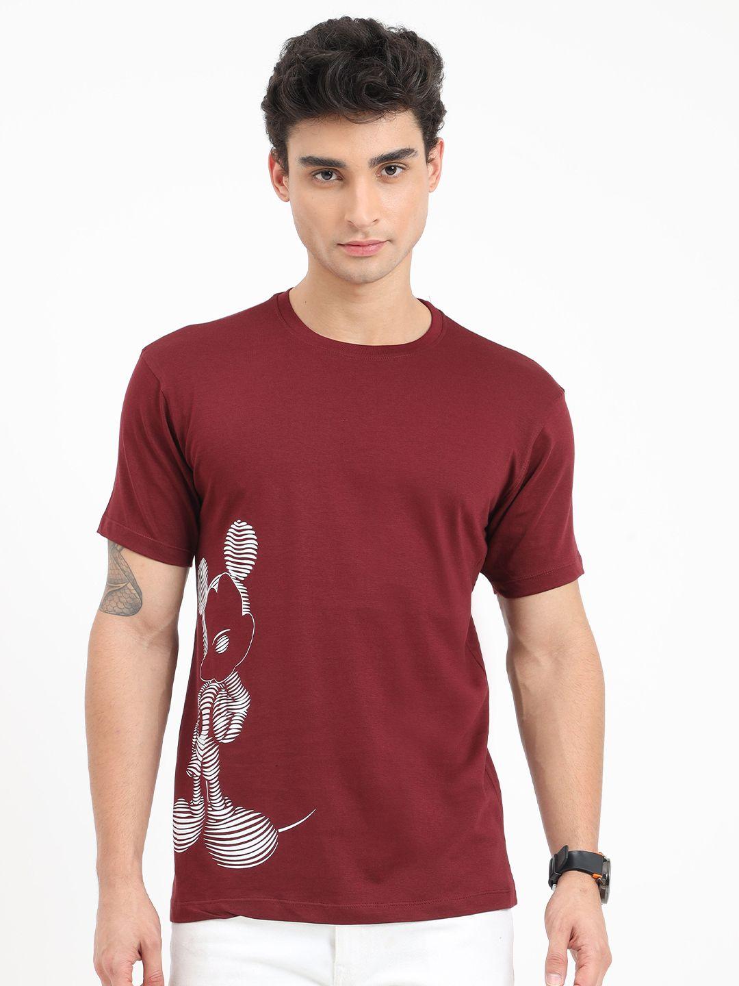 cooft men maroon mickey mouse printed pure cotton t-shirt