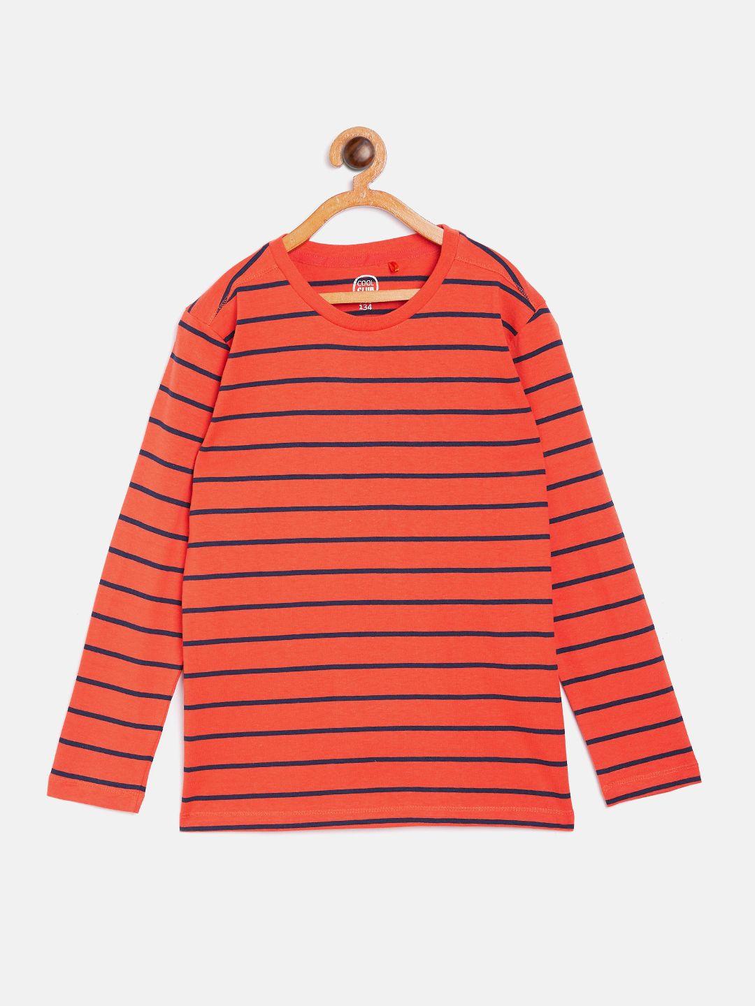 cool club boys orange  navy blue striped round neck pure cotton t-shirt