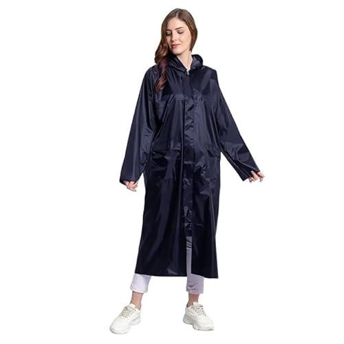 cool dealzz blue women's polyester double-layer long raincoat poncho with pockets, adjustable cap and cover- x-large size