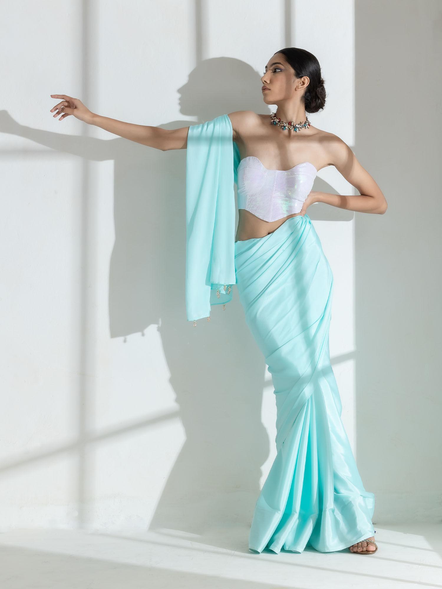 cool ice crepe saree with beads with unstitched blouse