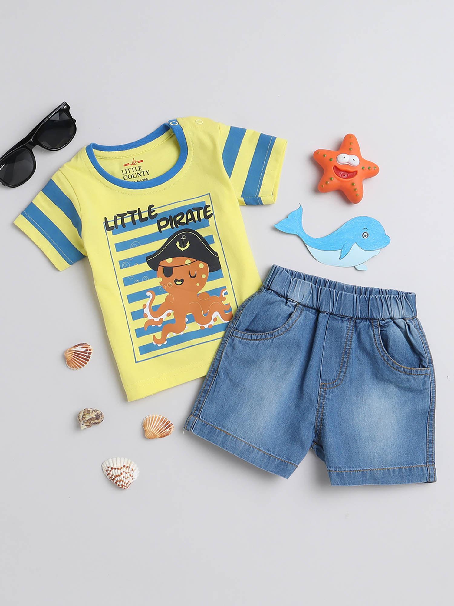 cool little pirate print t-shirt with denim shorts yellow (set of 2)
