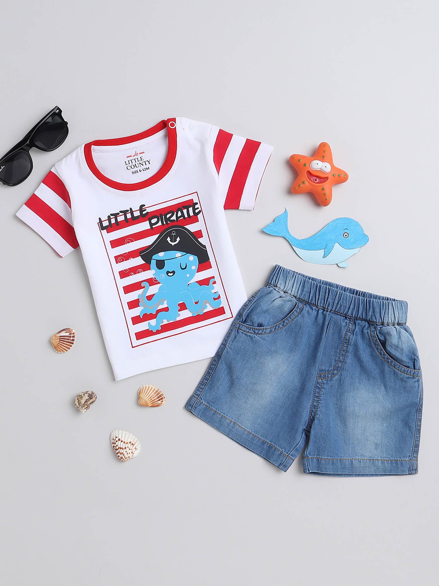 cool little pirate striped print t-shirt & denim shorts (set of 2)