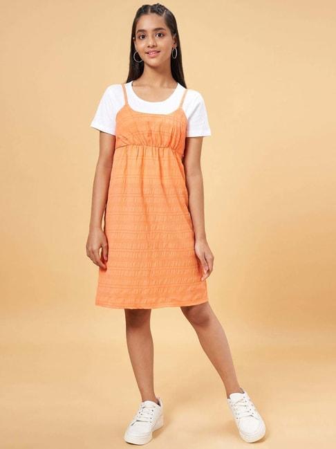 coolsters by pantaloons kids orange & white regular fit dress set