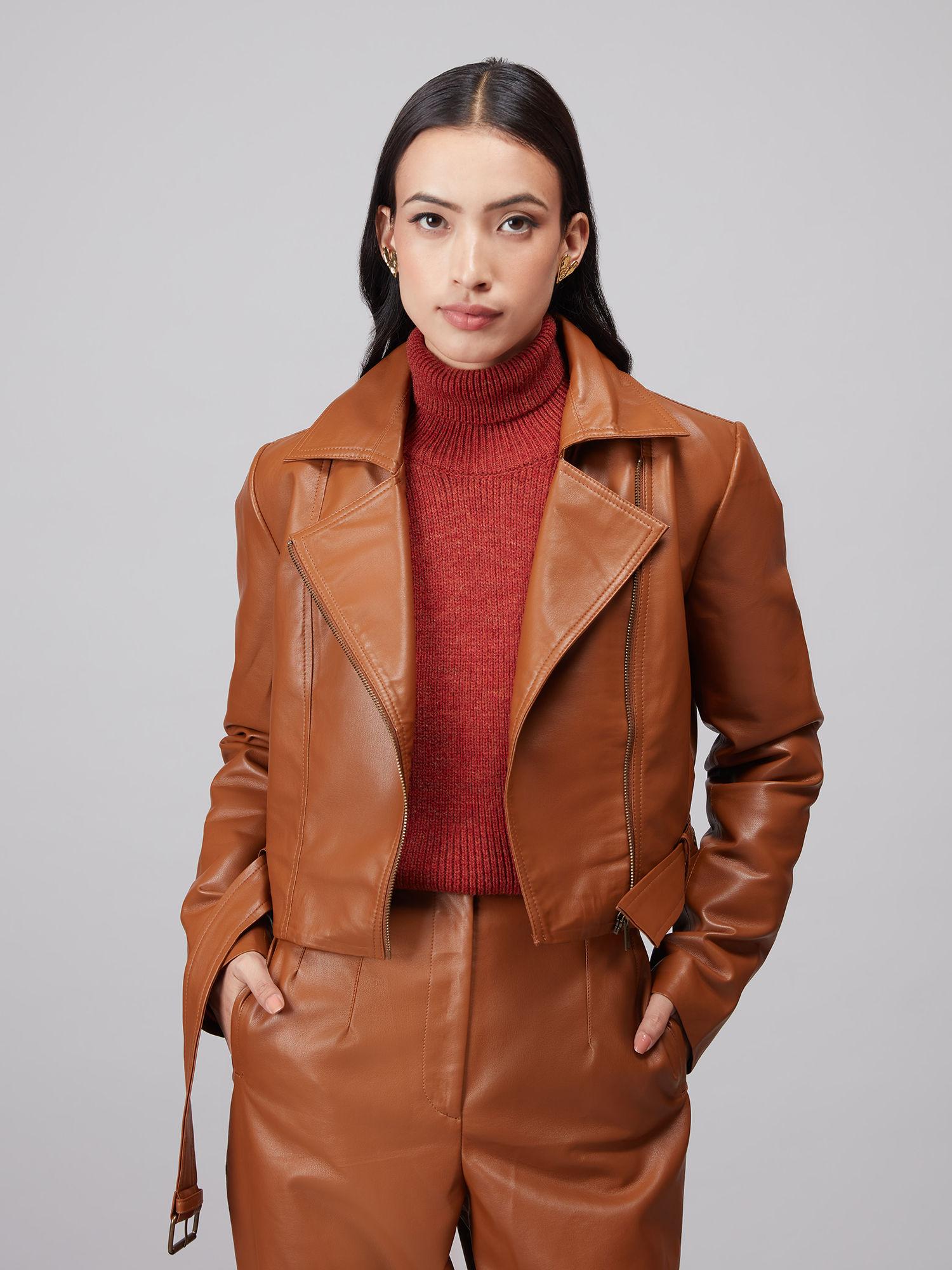 copper solid faux leather crop jacket