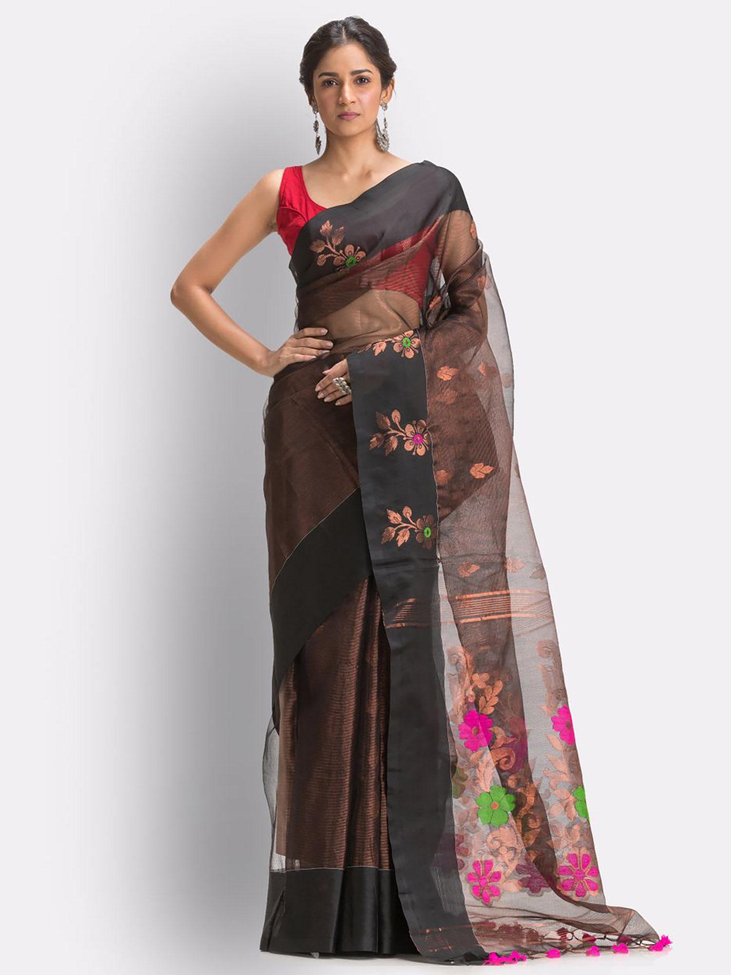 copper & black art silk muslin handloom jamdani saree with unstitched blouse