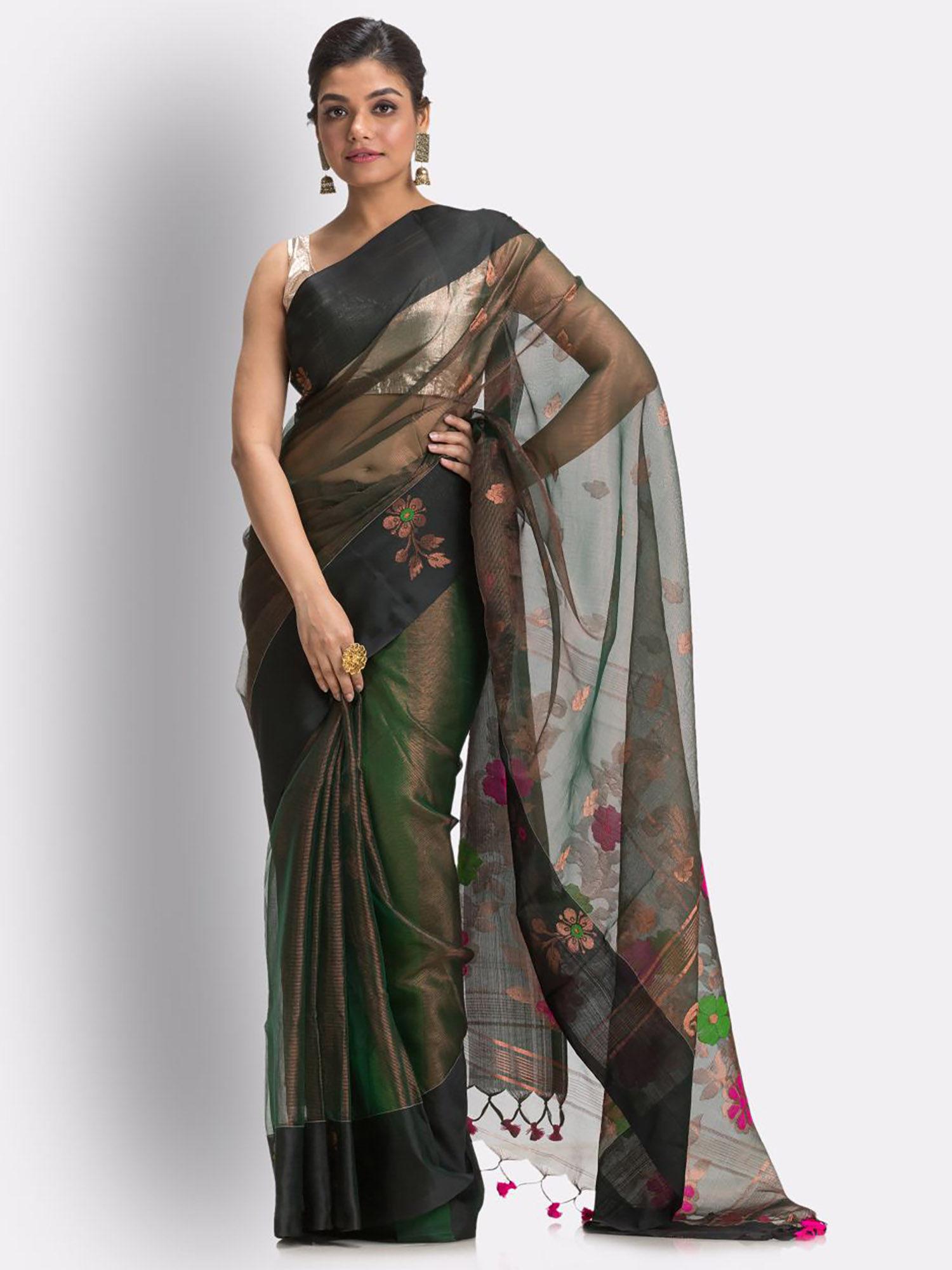 copper & dark green art silk muslin handloom jamdani saree with unstitched blouse