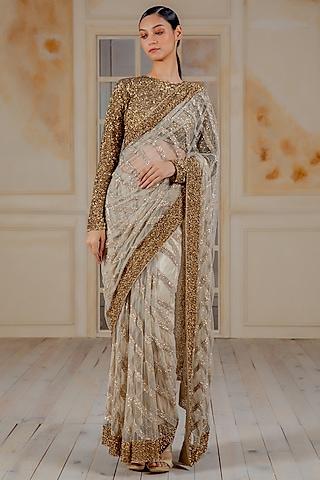 copper & nude sequins striped saree set