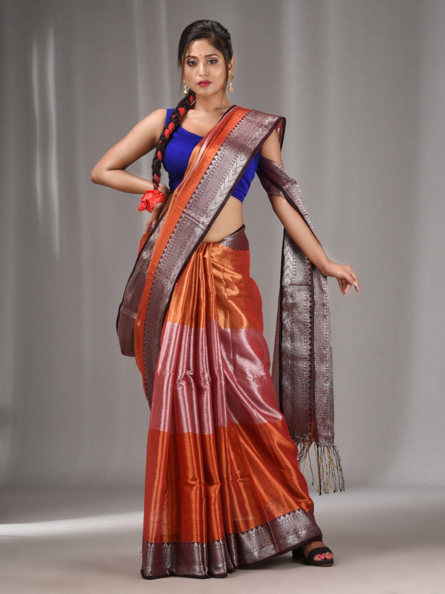 copper & pink tissue handwoven saree with zari border with unstitched blouse