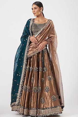 copper banarasi tissue embroidered shimmer lehenga set