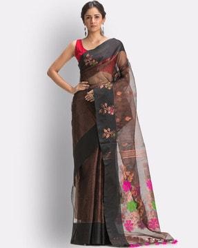 copper black art silk muslin handloom jamdani saree with blouse piece