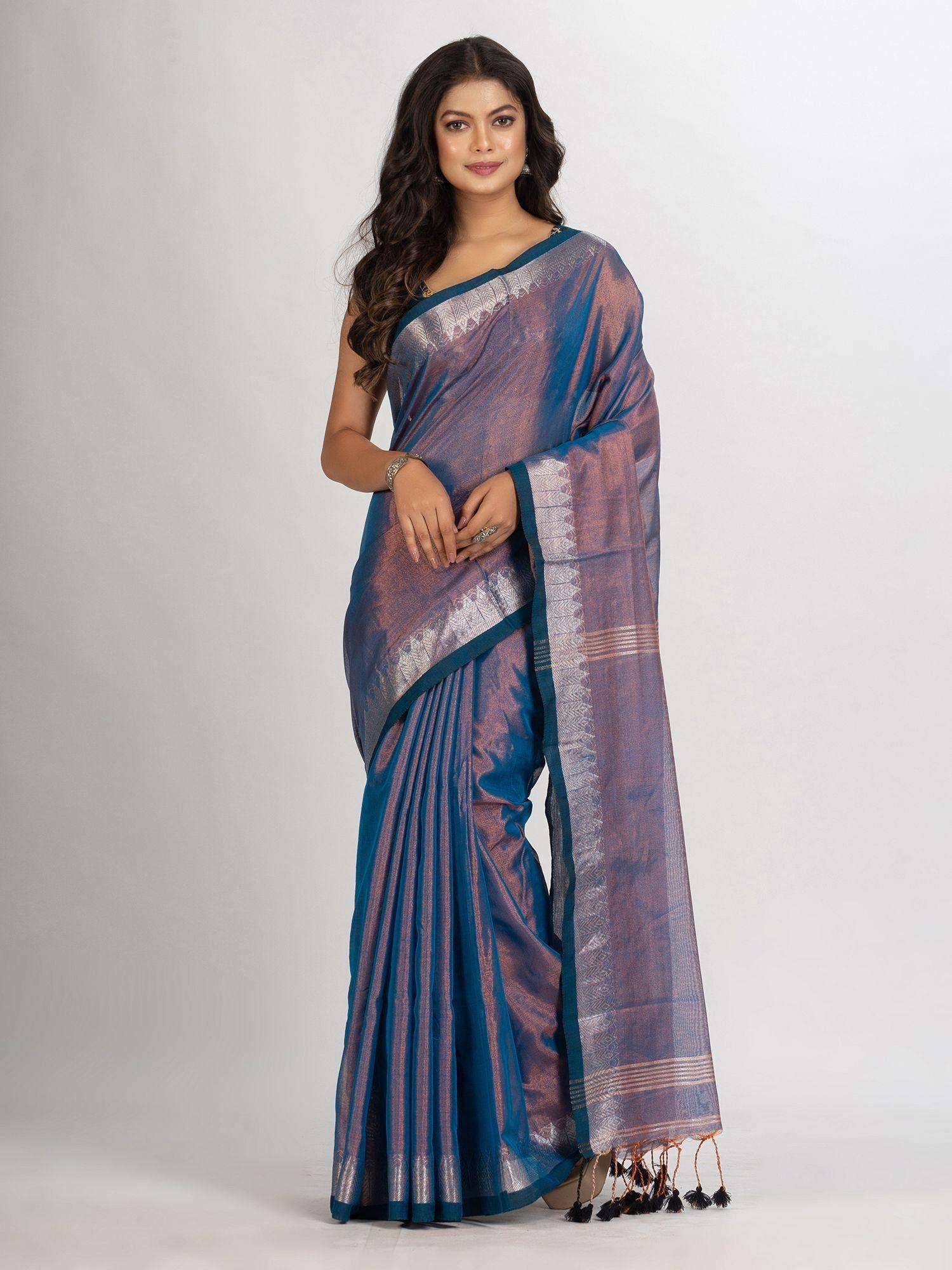 copper blue zari cotton tissue jacquard border handloom saree with unstitched blouse