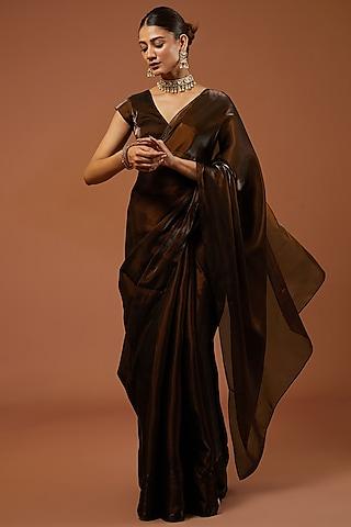 copper brown shimmer tissue crepe embroidered saree set