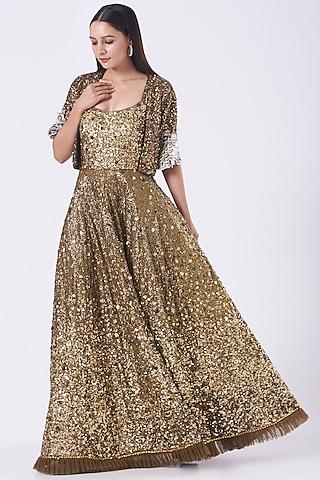 copper embroidered gown with shrug