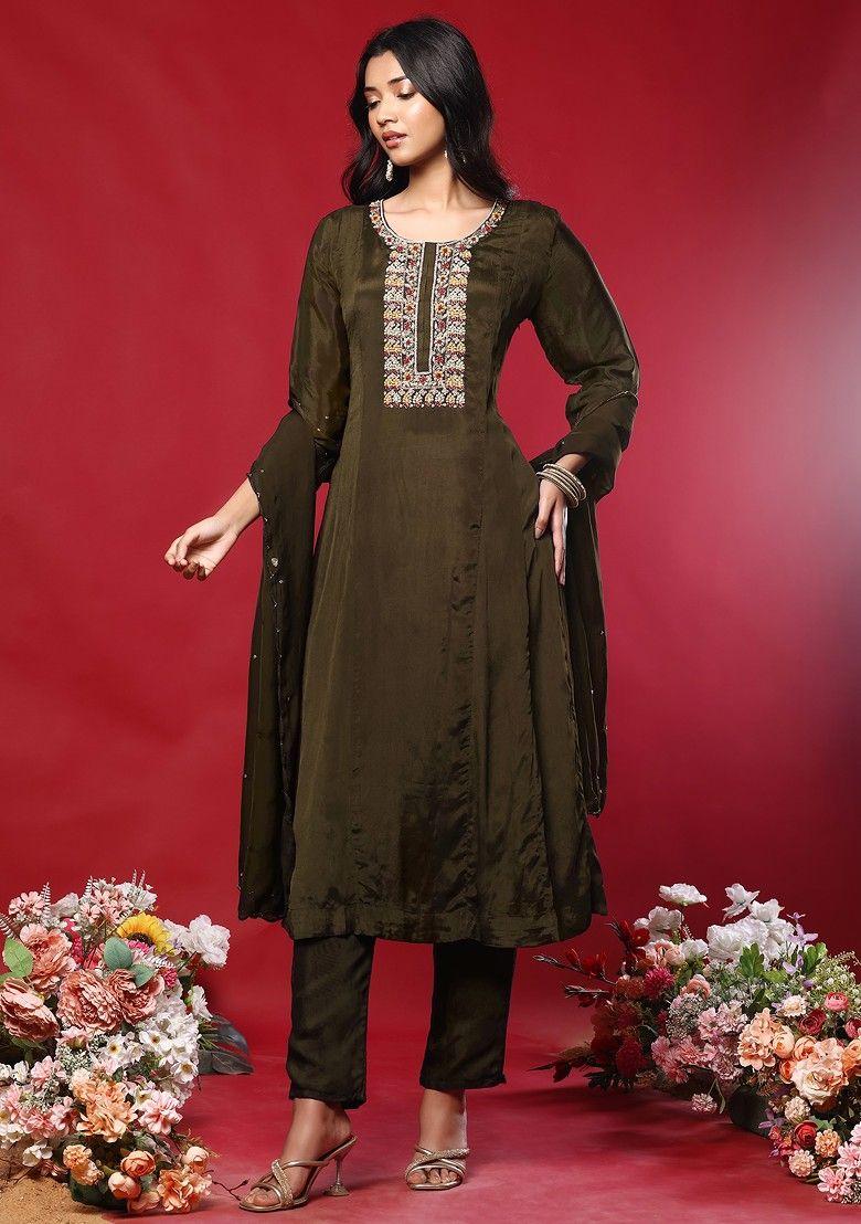 copper floral hand work kurta set with pants and dupatta