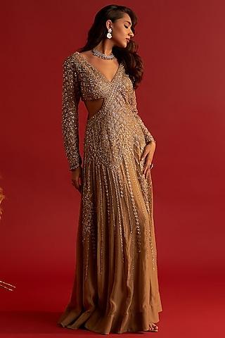 copper gold organza embellished gown saree