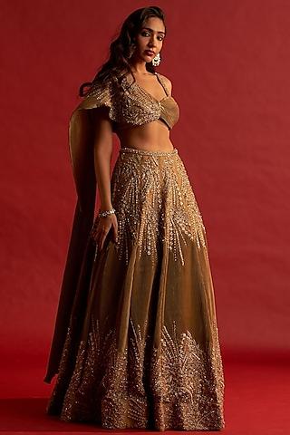 copper gold pleated silk taffeta patchwork lehenga set