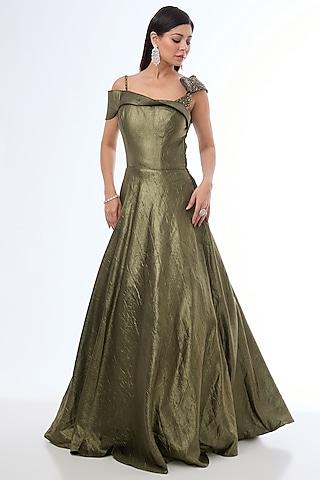 copper imported glossy fabric pearl embellished gown