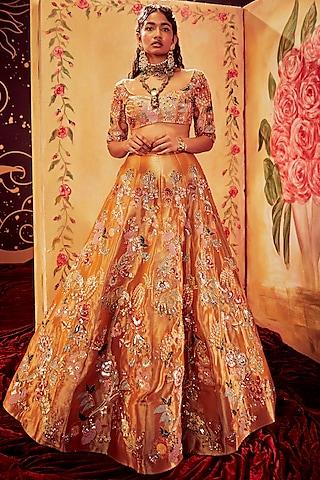 copper lehenga set with brocade work