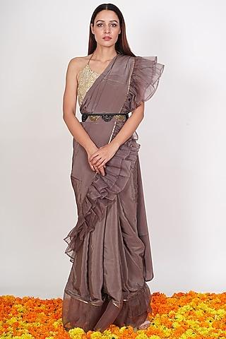 copper pre-draped ruffled saree set