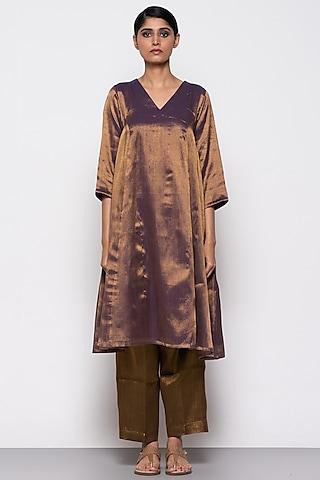 copper purple zari & silk organza handwoven a-line kurta set