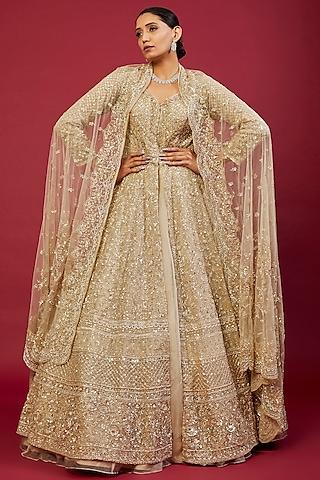 copper raw silk hand embroidered queen jacket lehenga set