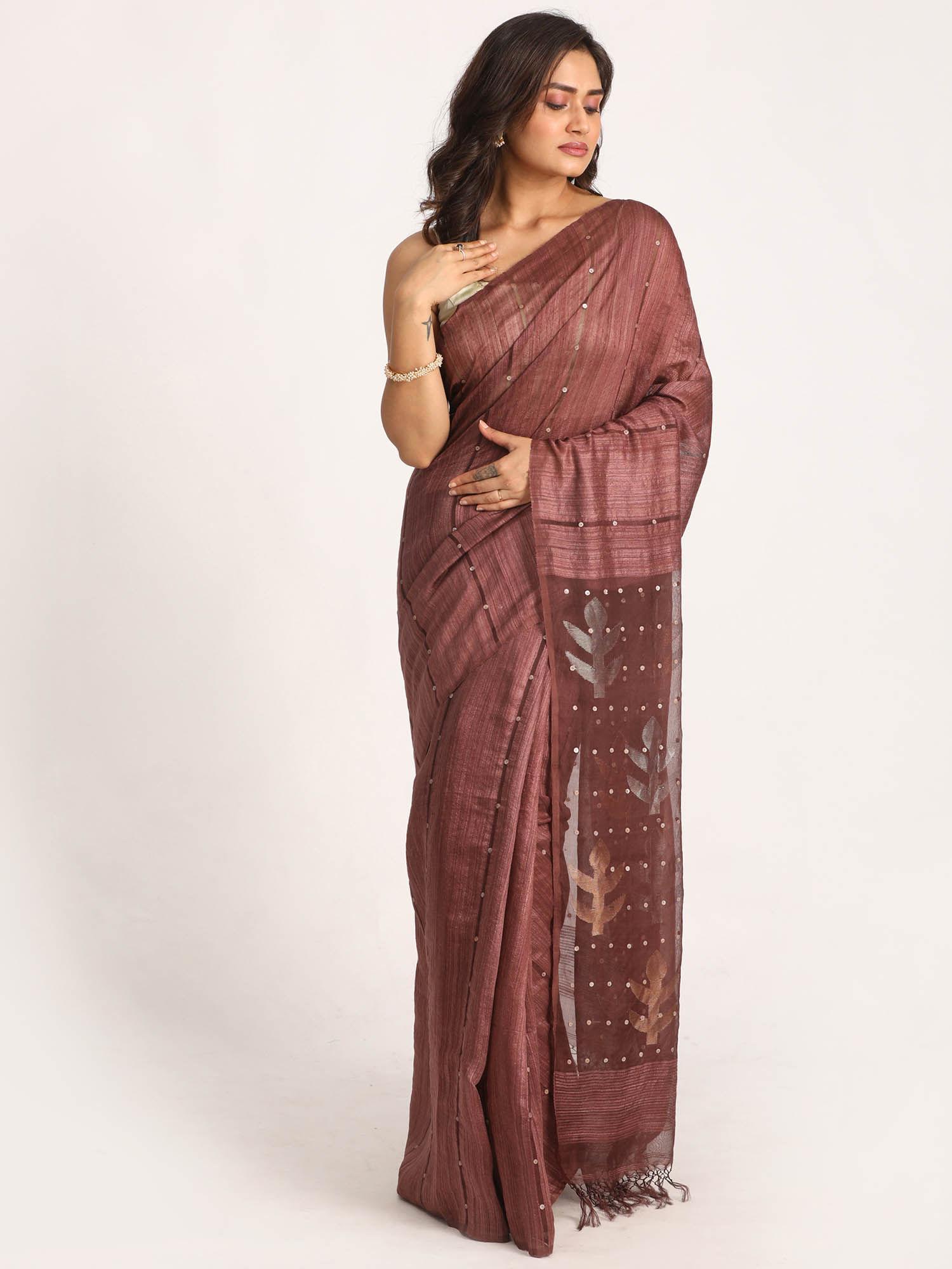 copper rose matka silk handloom traditional sequin jamdani saree with unstitched blouse