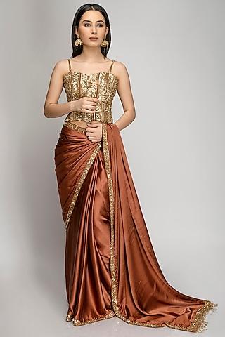 copper silk embroidered saree set