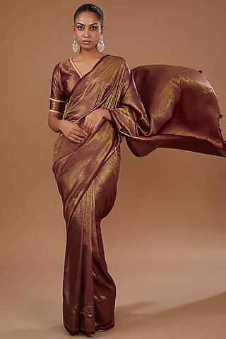 copper silk self printed & embroidered saree set