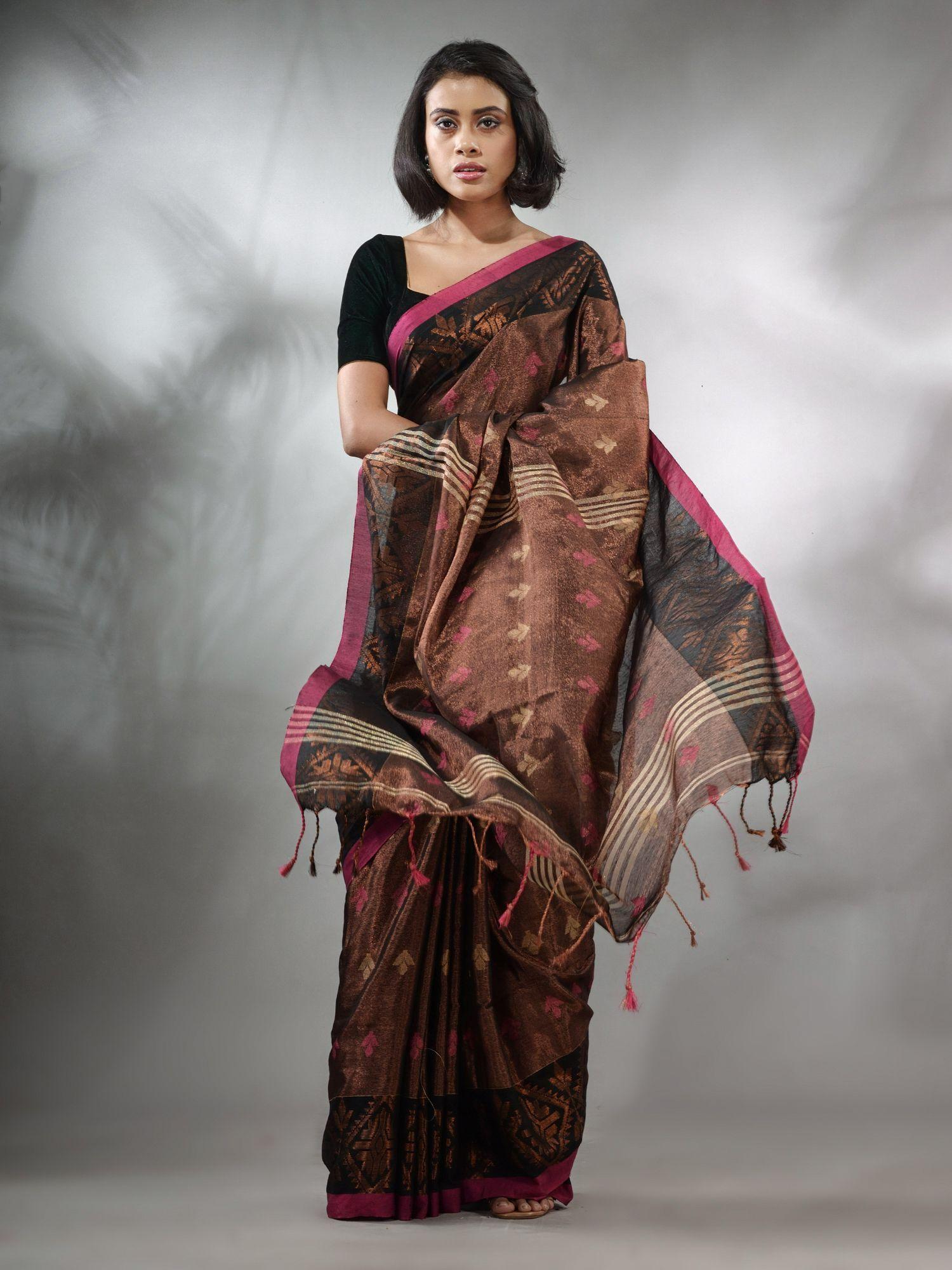 copper tissue handwoven soft saree with texture designs & unstitched blouse