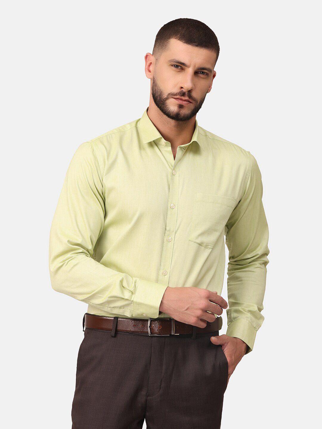 copperline men green solid comfort slim fit cotton formal shirt