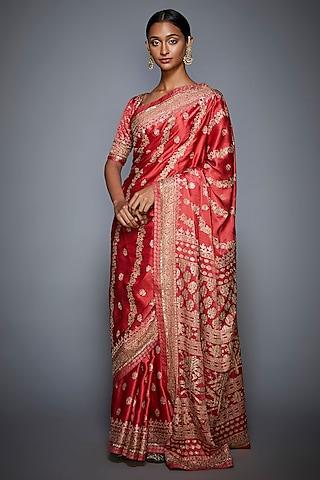 coral & beige embroidered saree set